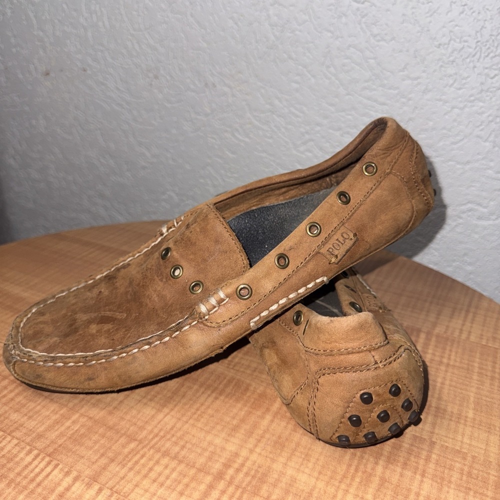 Polo Ralph Lauren Wyndings Slip On DRV‎ Tan Leather Driver Loafer Shoes Men 9.5D